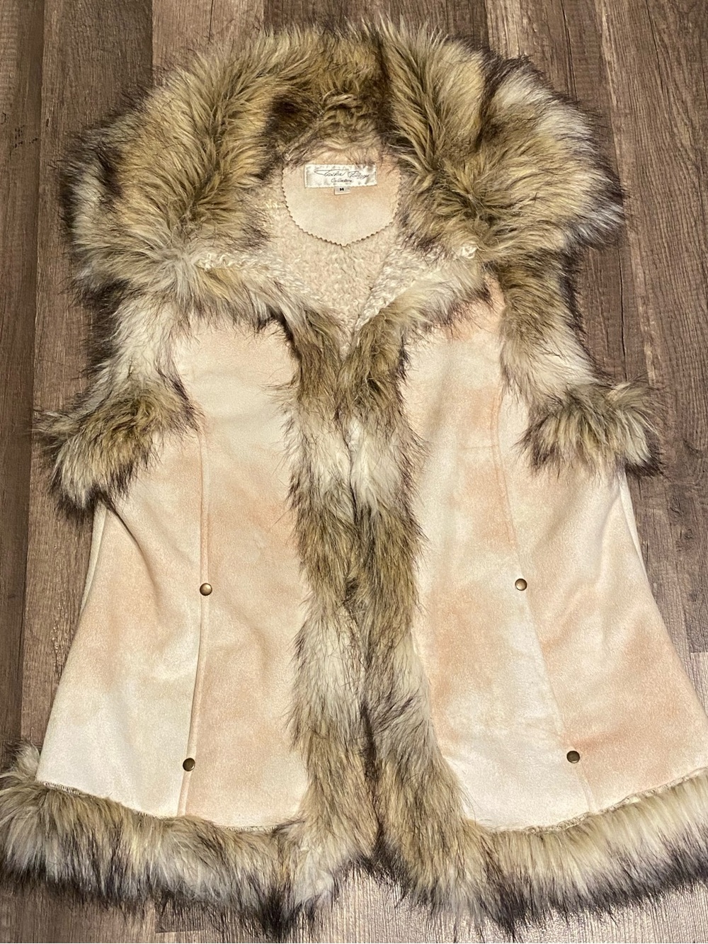 Tasha Polizzi Cream Tan Faux-Suede Vest with Fur Trim